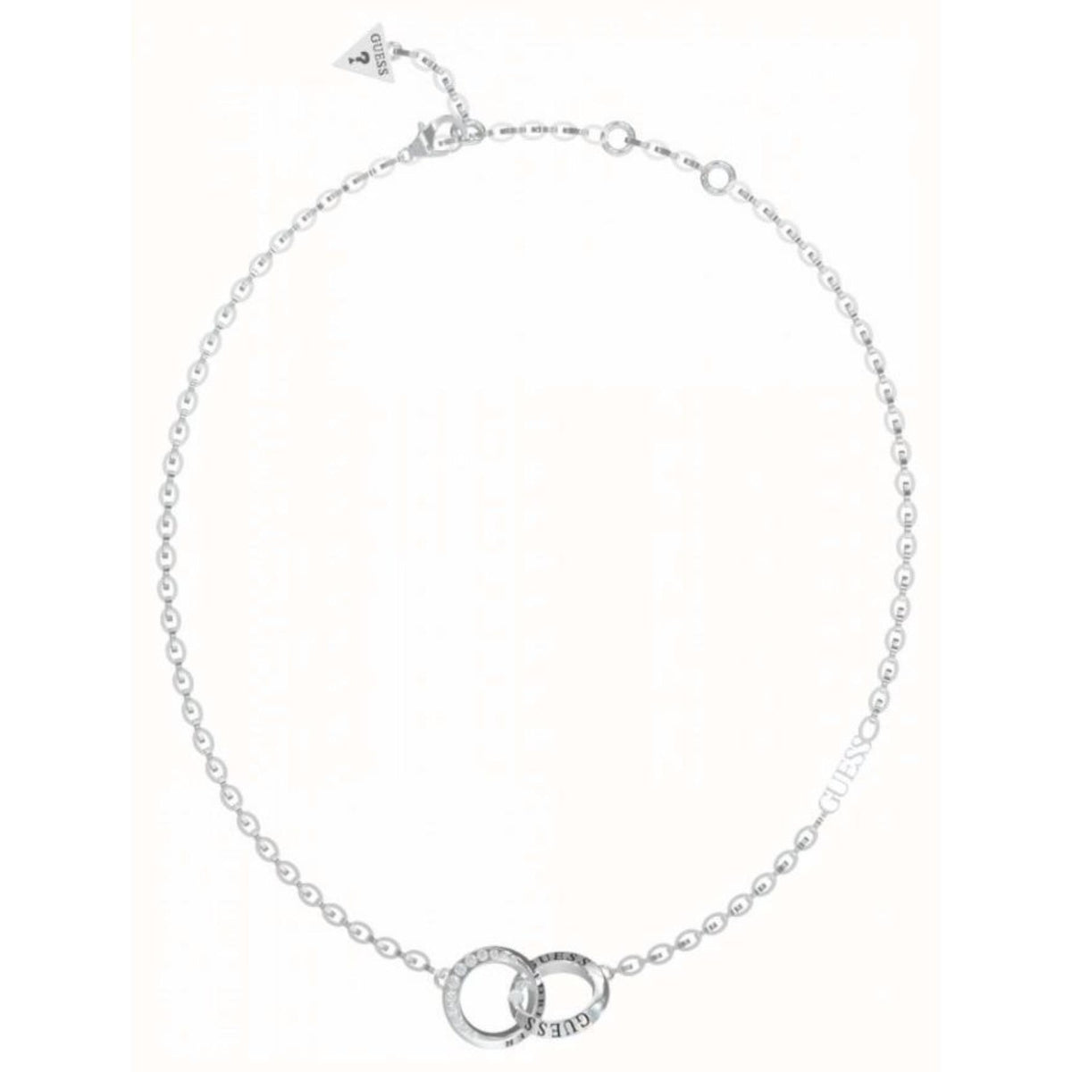Stainless steel mini link chain necklace with twin ring heart charm pendant