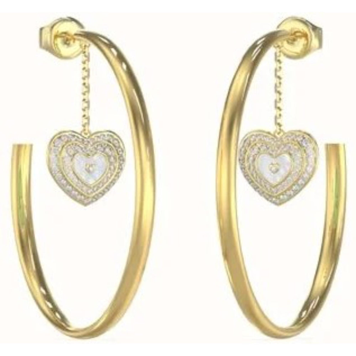 Gold hoop earrings featuring a dangling heart charm with gemmed pattern