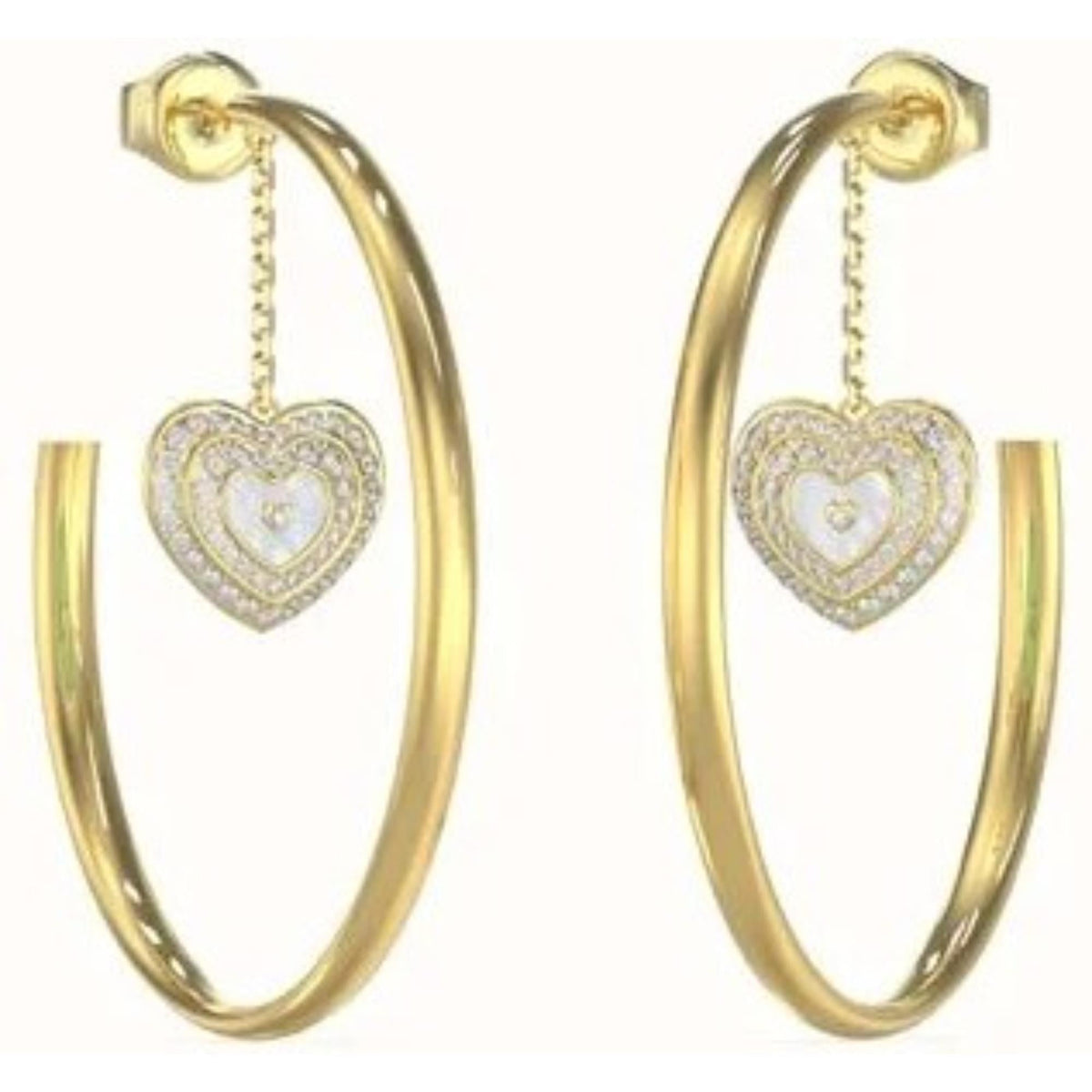 Gold hoop earrings with heart-shaped dangling charm and sparkling white accents