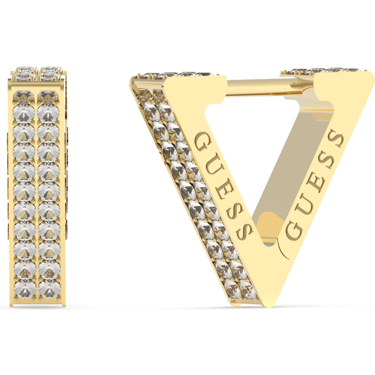 Gold-tone triangle huggie earrings with sparkling clear stones along the edges