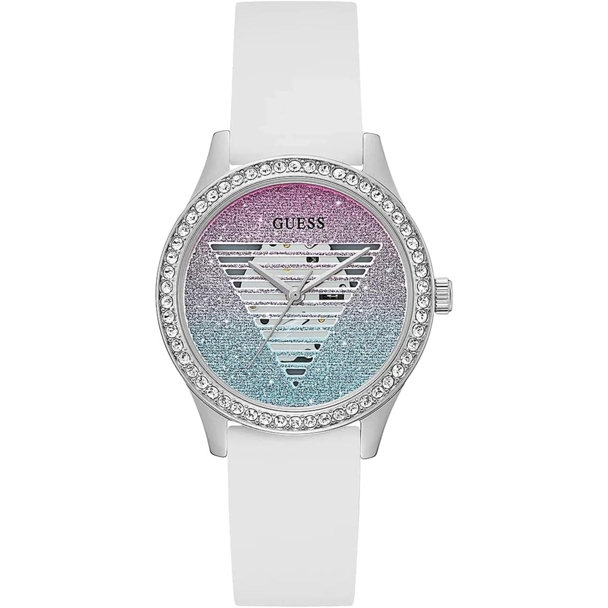 Front view Guess glitter watch with white silicone band and blue-pink textured dial