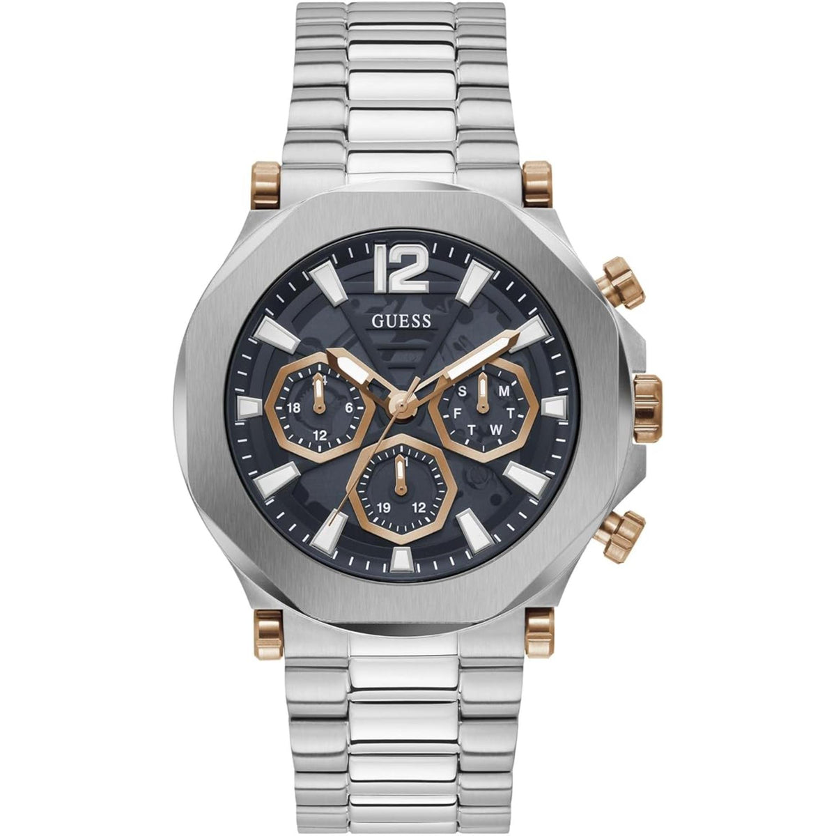 Men's stainless steel wristwatch front view with black dial, multi-dial details, gold accents.