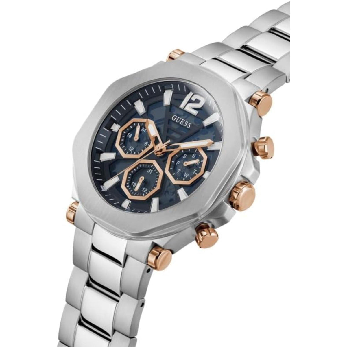Men's stainless steel wristwatch angled view showing gold-tone pushers and dark multi-dial face.