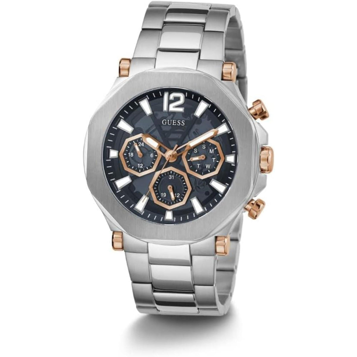 Men's stainless steel wristwatch angled front view with black dial, geometric subdials.