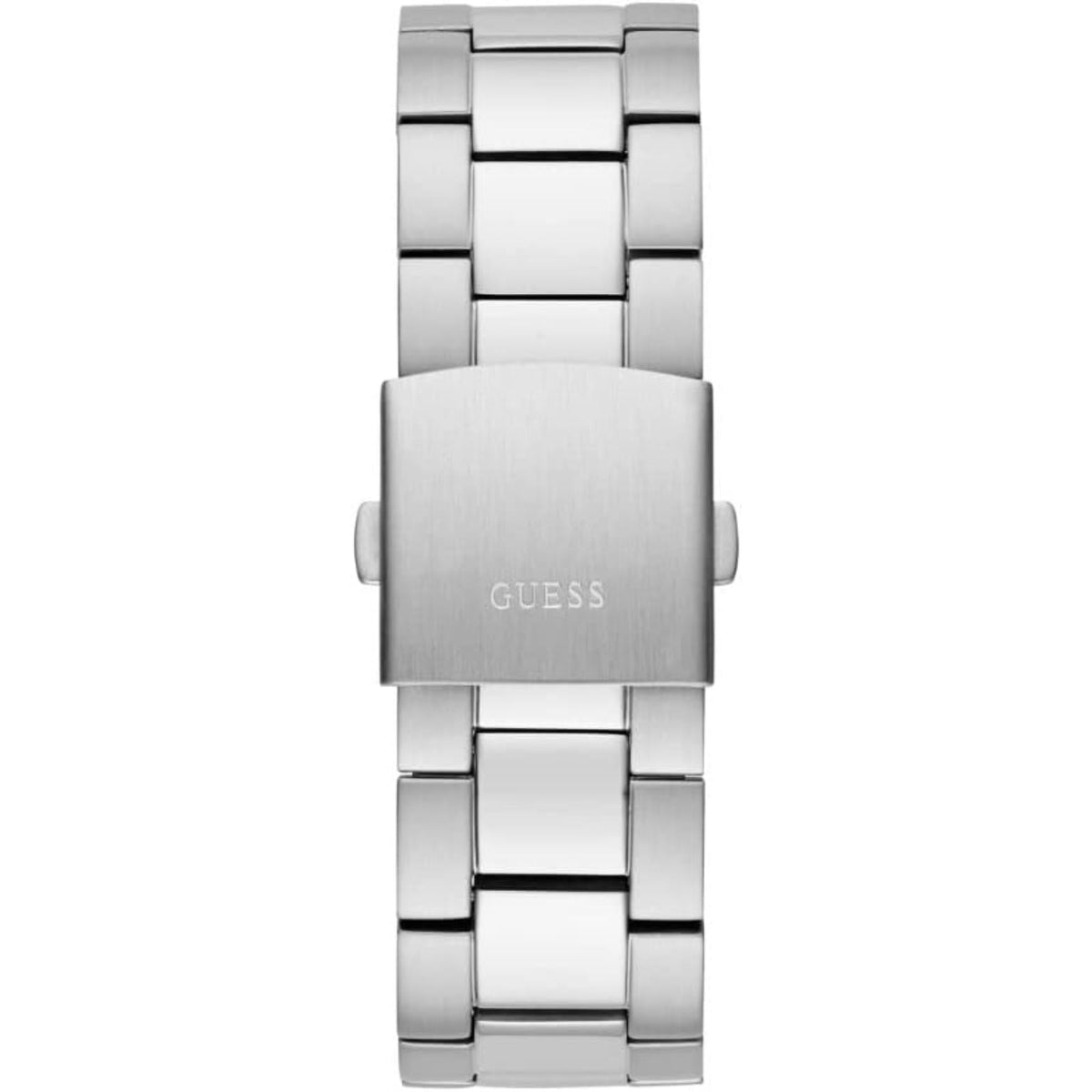 Men's stainless steel bracelet watch with rectangular center plate and GUESS logo