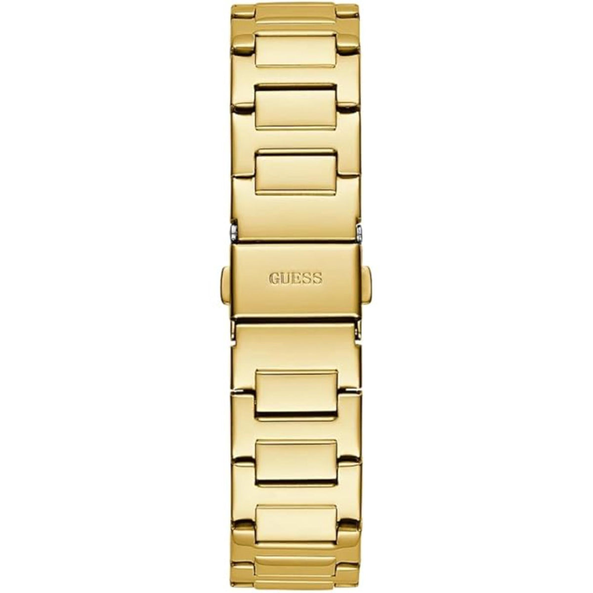 Gold tone stainless steel bracelet watch band with GUESS logo and clasp