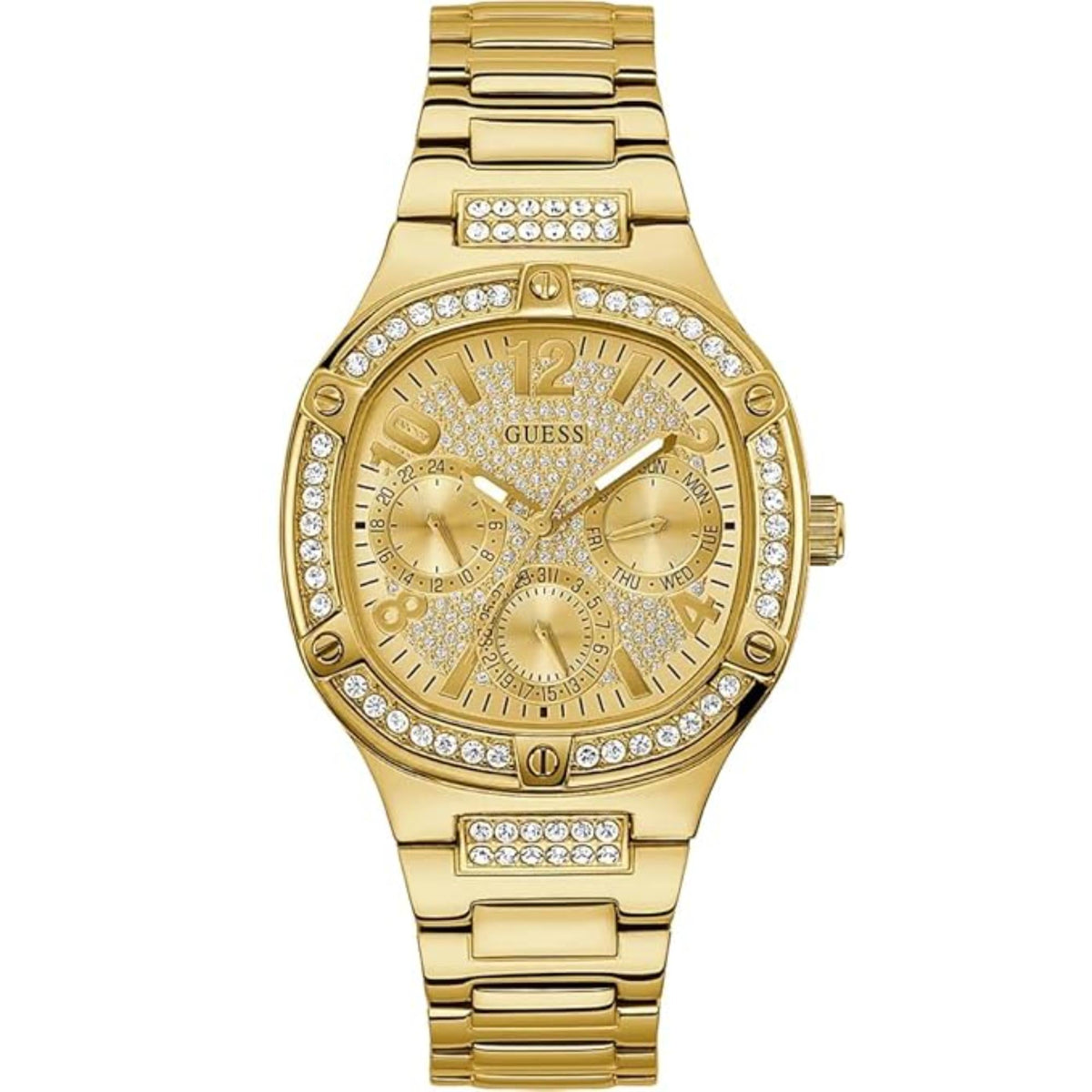 Gold-tone bracelet watch with crystal bezel, gold dial, and three subdials for timekeeping