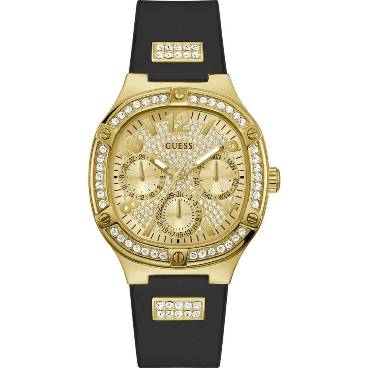 Women’s gold-tone chronograph-style watch with crystal bezel, champagne dial, black strap