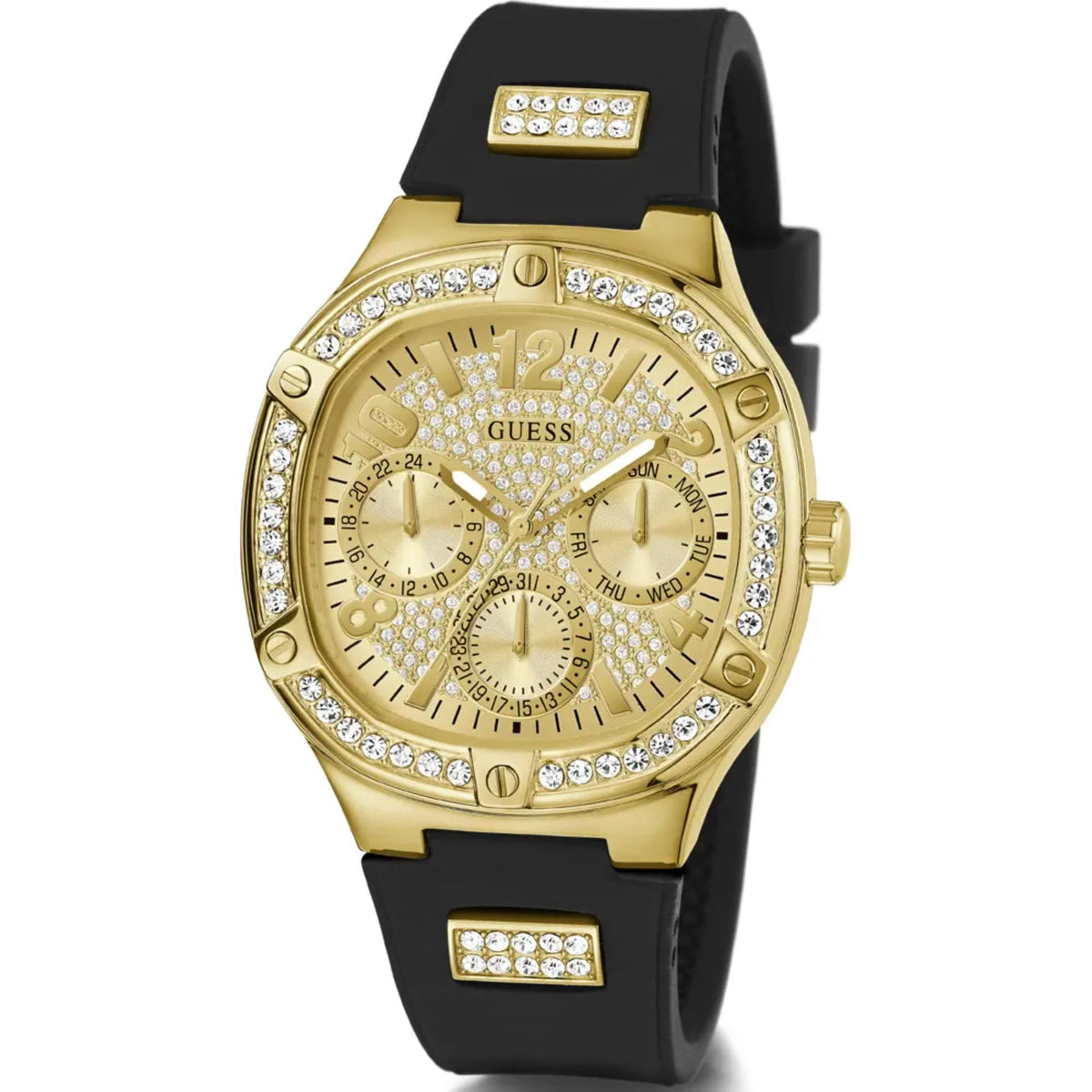 Women’s angled gold-tone watch with crystal bezel, champagne dial, and black silicone band