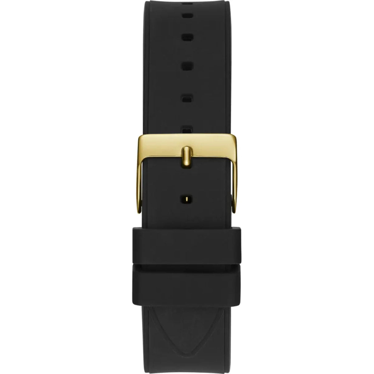 Women’s watch back view with black silicone strap and gold-tone center clasp