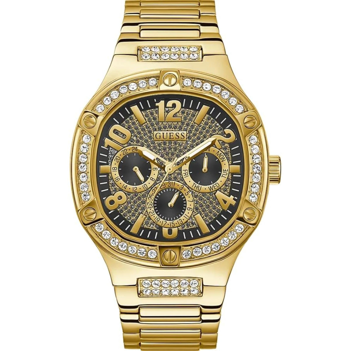 Gold-tone men’s bracelet watch front view: black dial, gold subdials, sparkling bezel