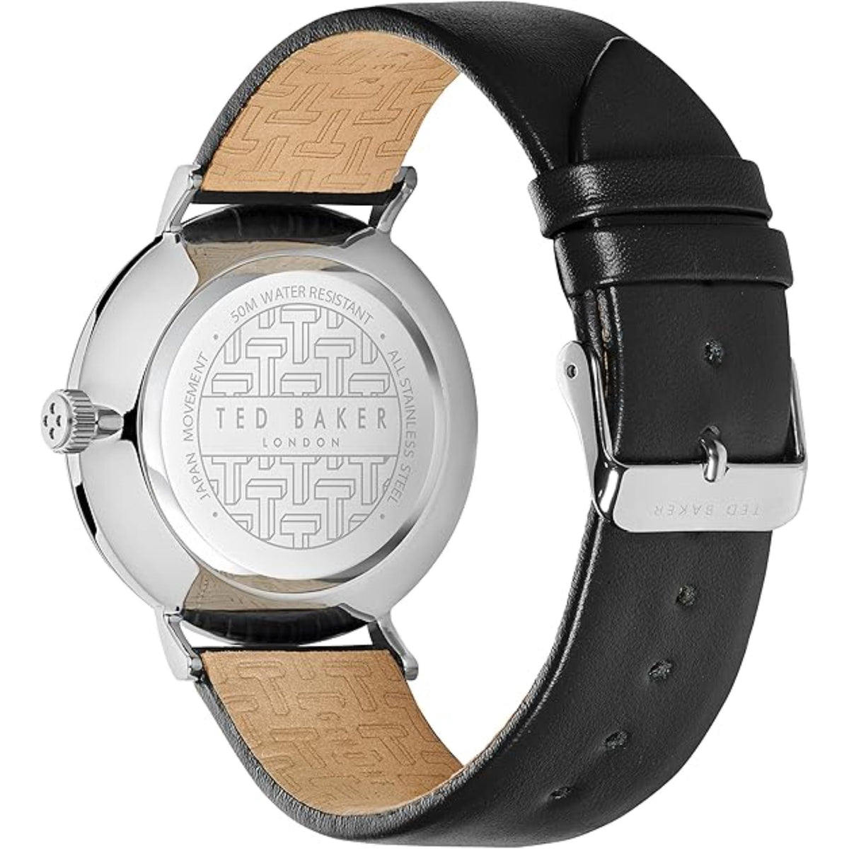 Men's wrist watch case back view, black leather strap with tan underside