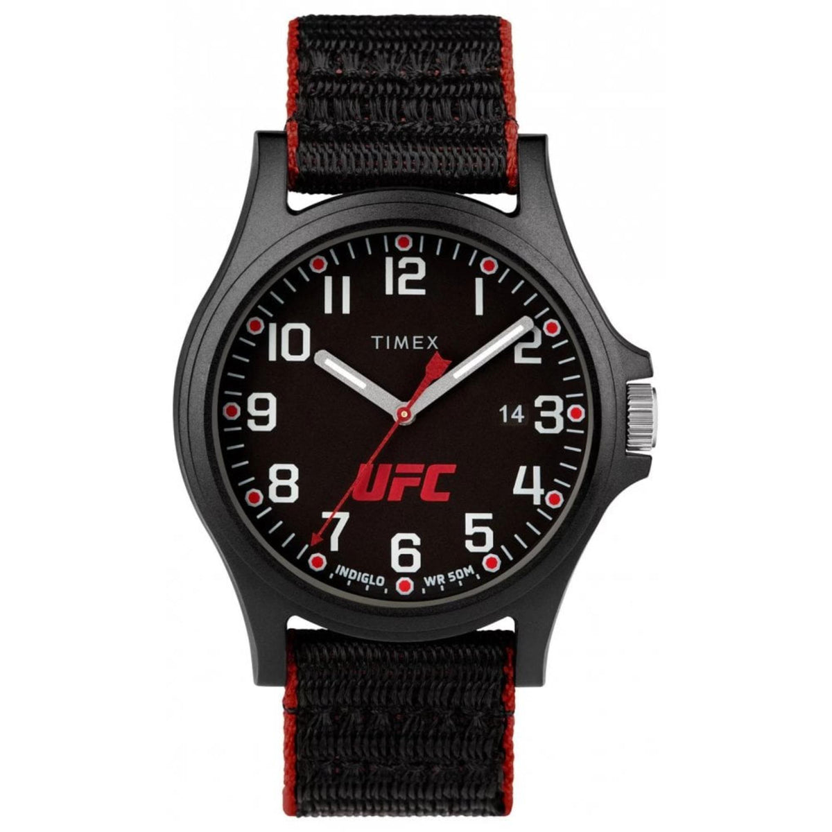 Front quartz watch face with black dial, red hands, UFC branding, black fabric strap