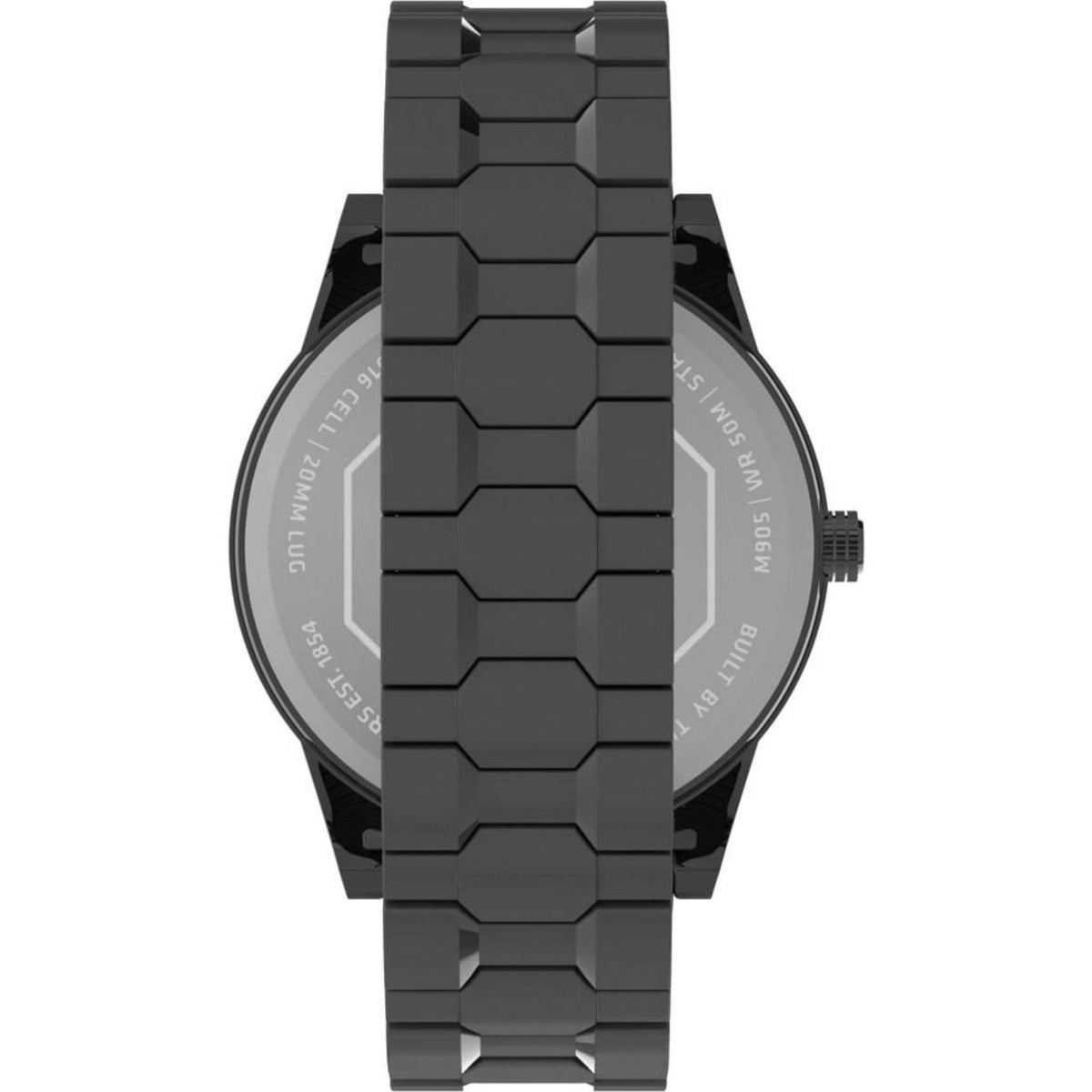 Men's black steel quartz watch side view with crown detail and link bracelet