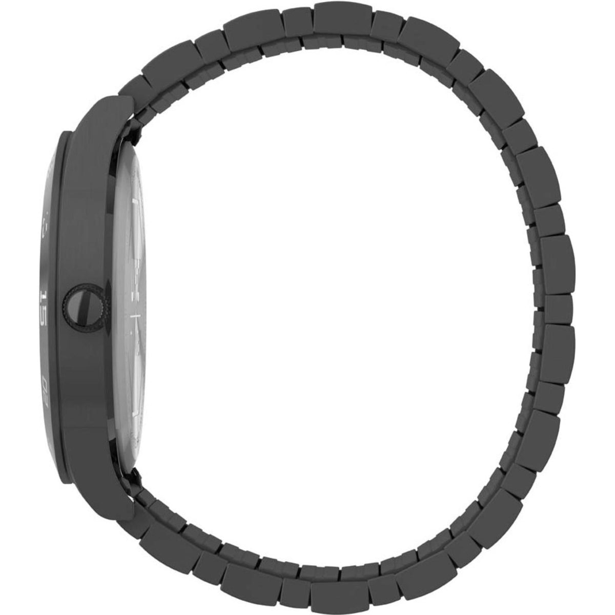 Men's black steel quartz watch side profile with fixed bezel and link bracelet