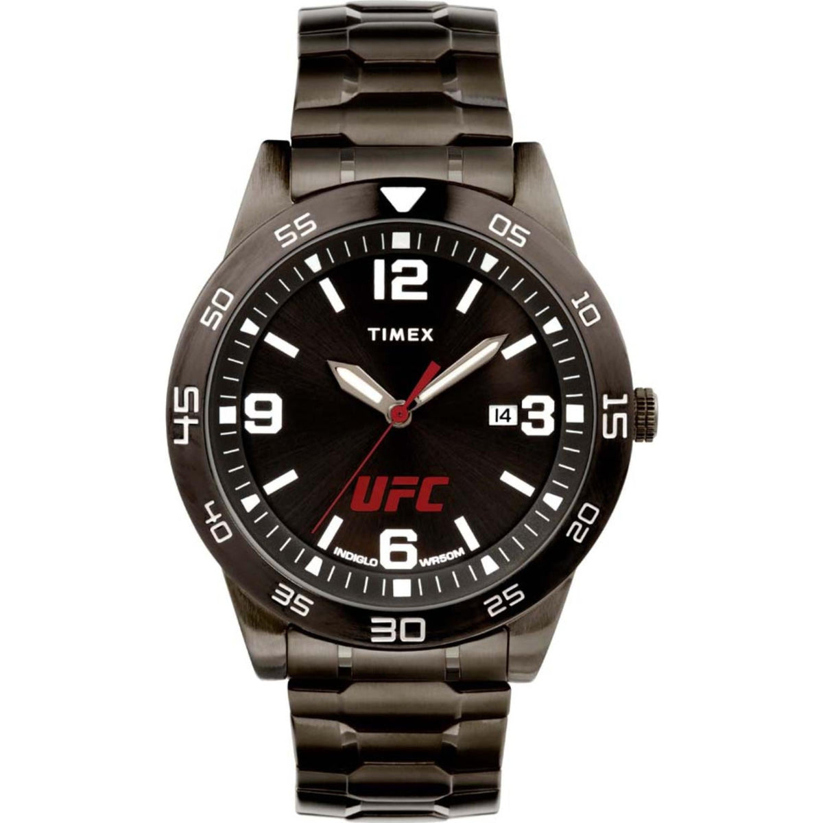 Men's black dial steel quartz watch with UFC logo, baton hour markers, date window