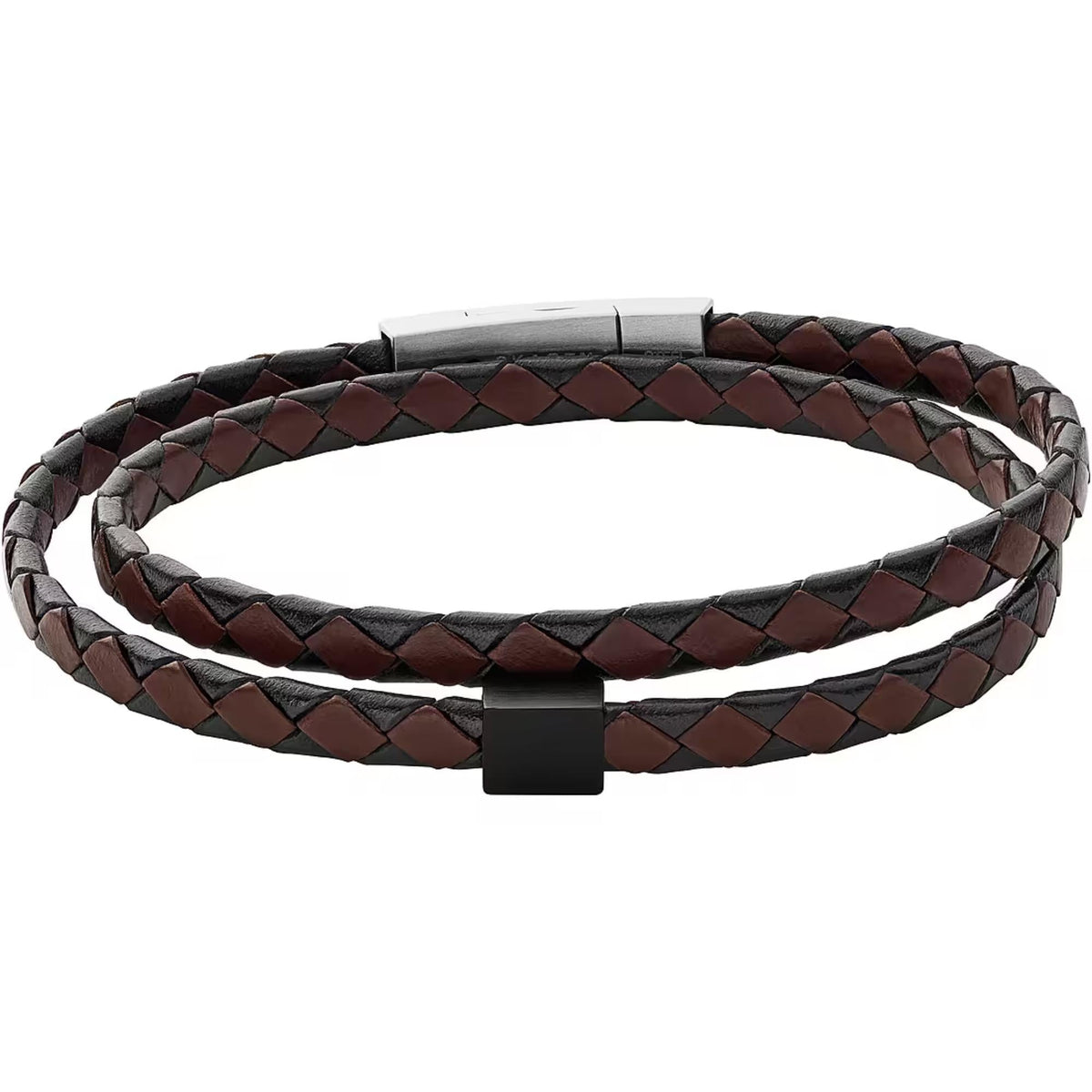 Men's braided leather bracelet with steel clasp, dark red and black two-tone