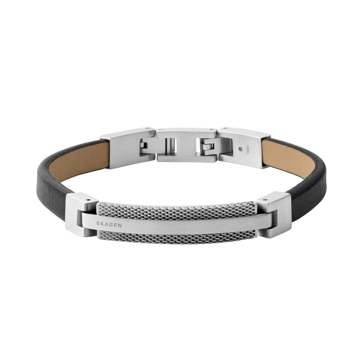 Skagen men's leather strap bracelet, silver-tone clasp with mesh detailing, dark gray