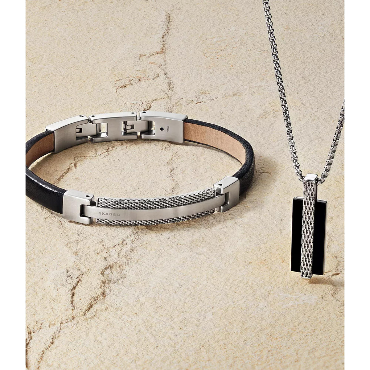 Skagen men's leather bracelet on stone with silver clasp and dark gray strap