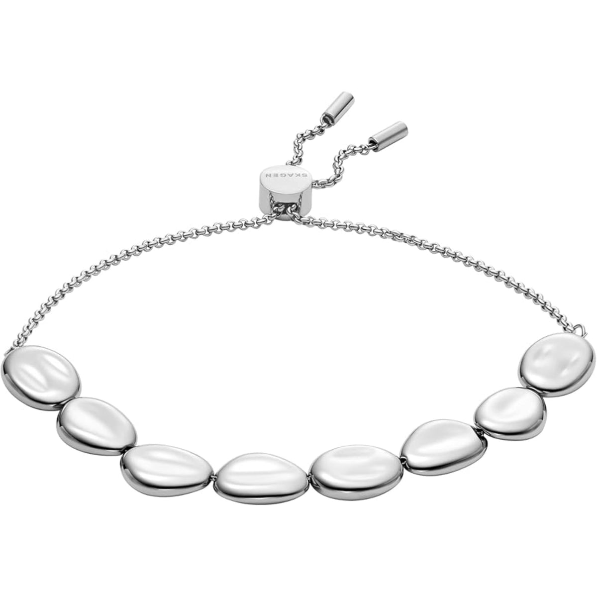 Silver stainless steel beaded station bracelet with oval polished links along chain