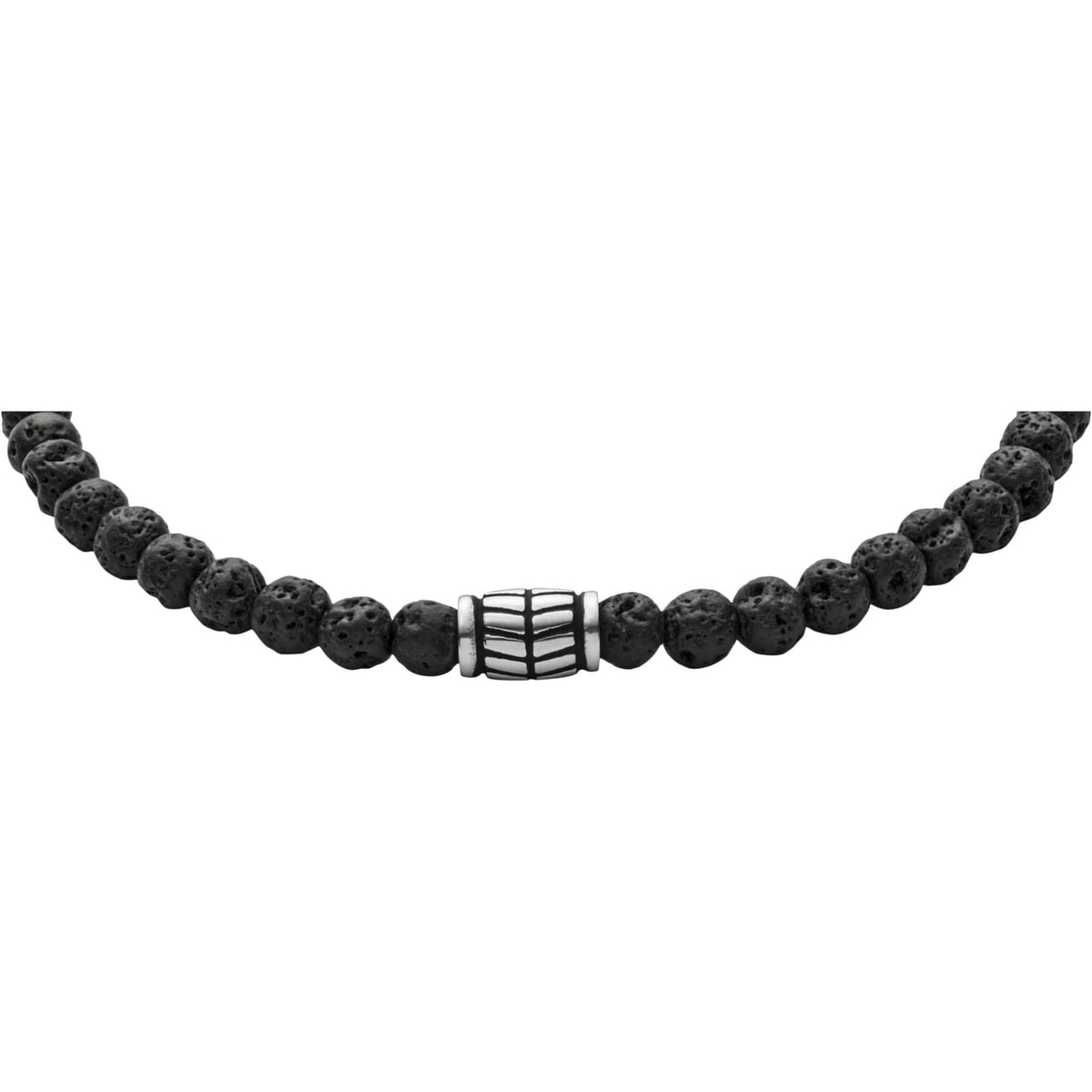 Men's black bead bracelet with central ridged metal bar and black cord laces