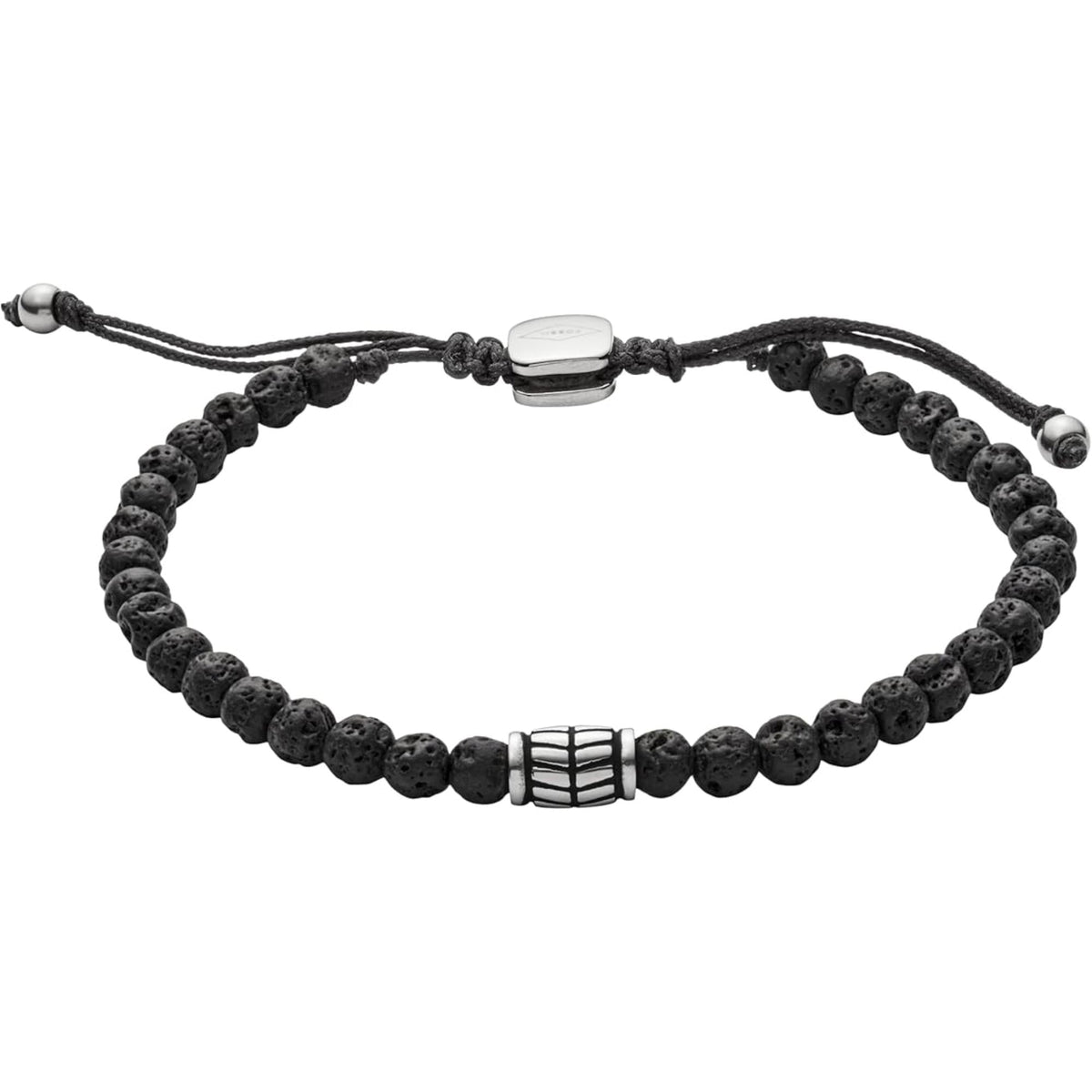 Men's black bead bracelet featuring silver-tone center bar and braided cord closure