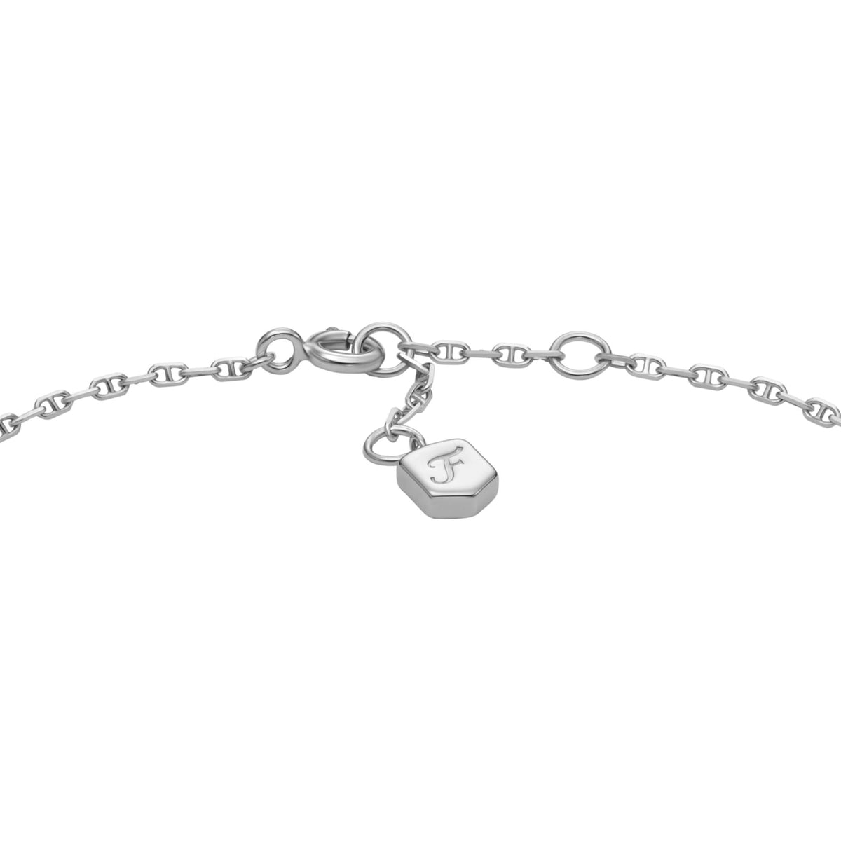 Sterling silver bracelet with F charm pendant hanging from a station link chain