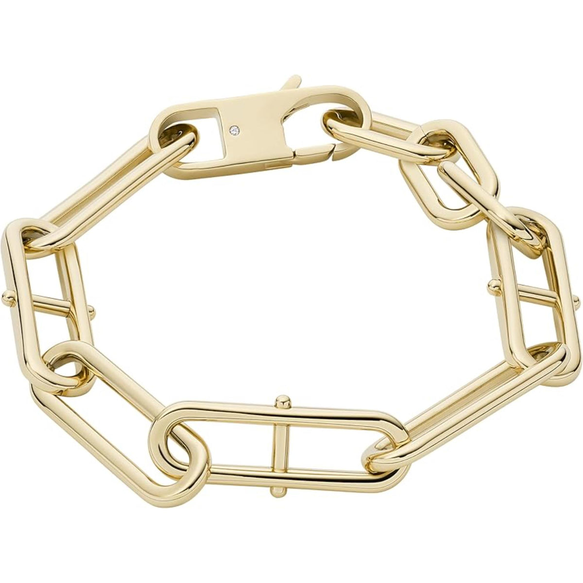 Gold-tone chain link bracelet with oval ring, square bar, and hinge clasp links
