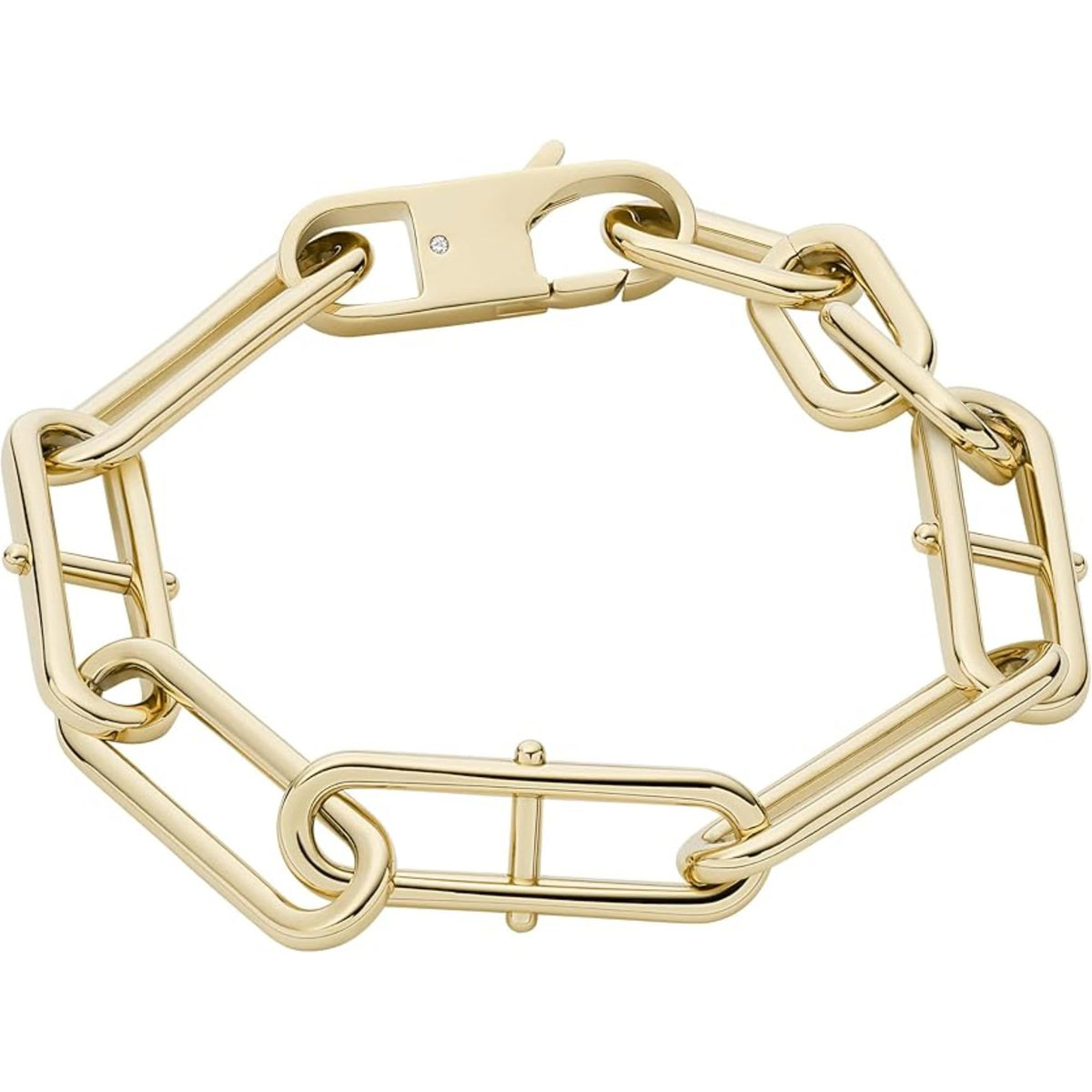 Gold-tone chain bracelet front view with alternating oval ring and bar links