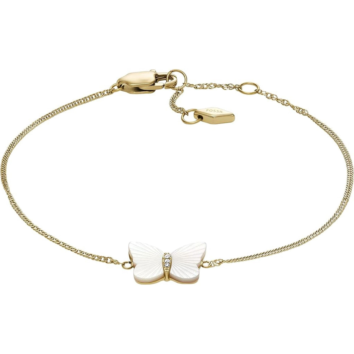 Fossil gold-tone chain bracelet with mother-of-pearl butterfly charm and lobster clasp