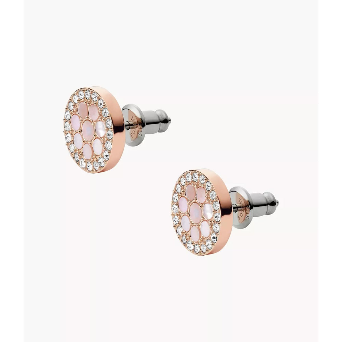 Rose gold mother-of-pearl stud earrings profile view with butterfly backs and crystal halo.