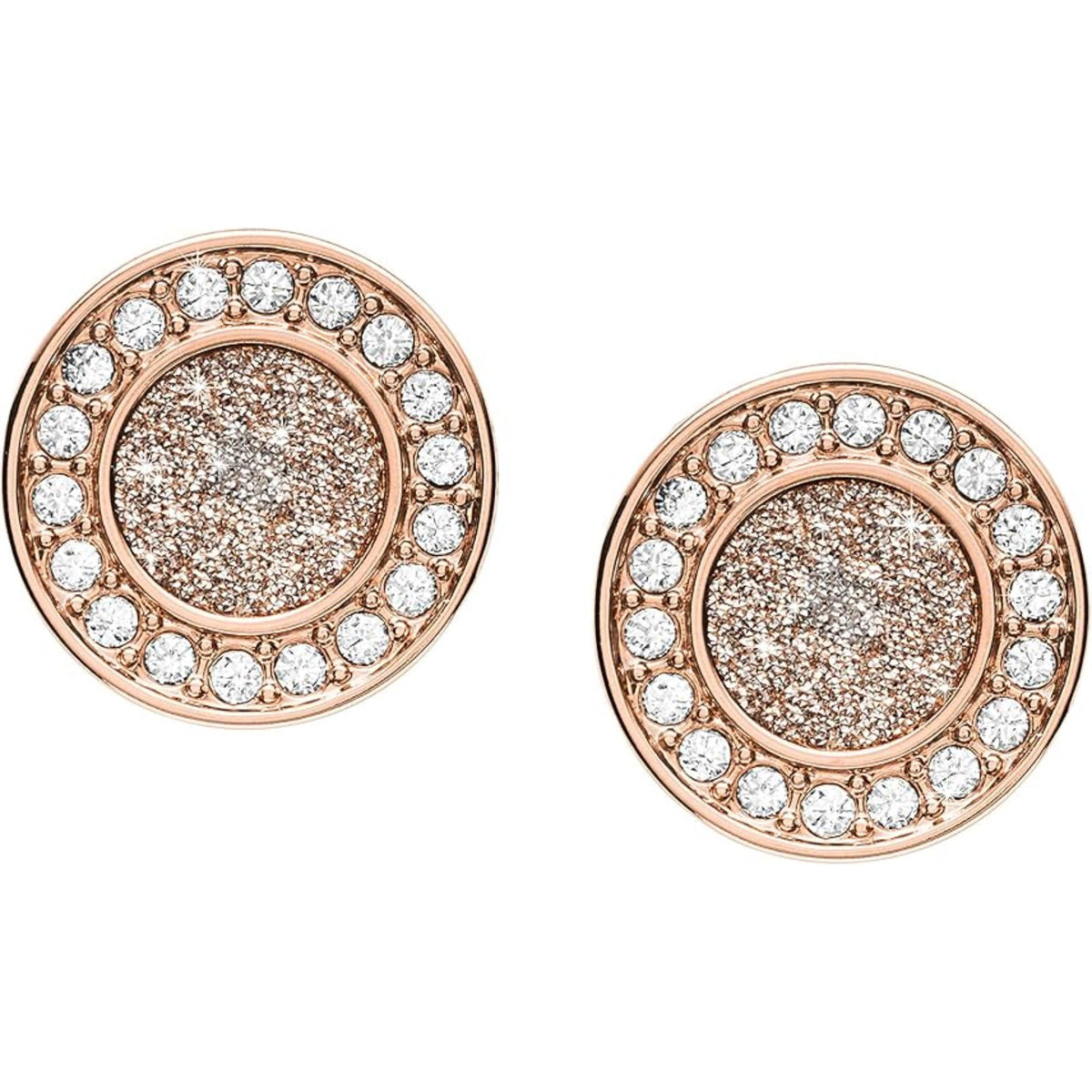 Rose gold round stud earrings with sparkly mother-of-pearl mosaic and crystal border.