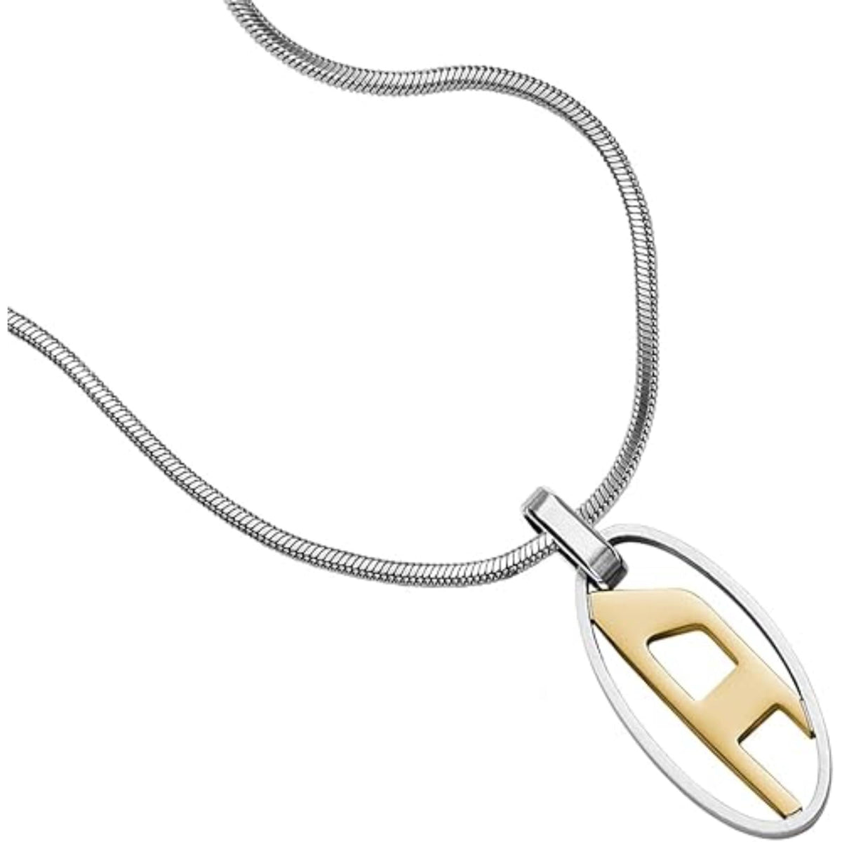 Diesel stainless steel pendant necklace, oval frame with gold-tone monogram D