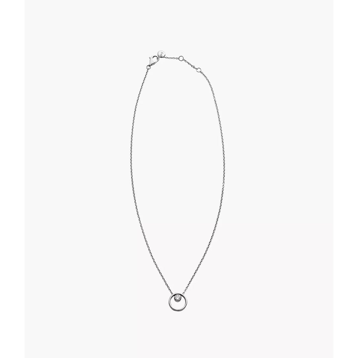 Silver-tone circle pendant necklace on plain background with round crystal charm
