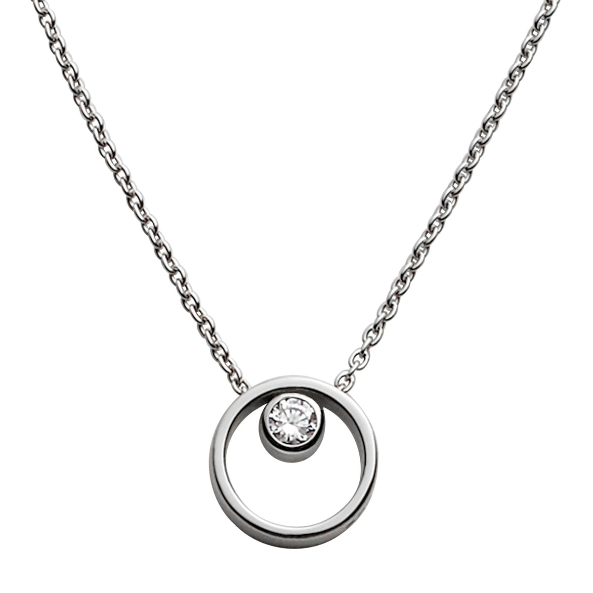 Silver-tone circle pendant necklace close-up, round crystal set in circular frame