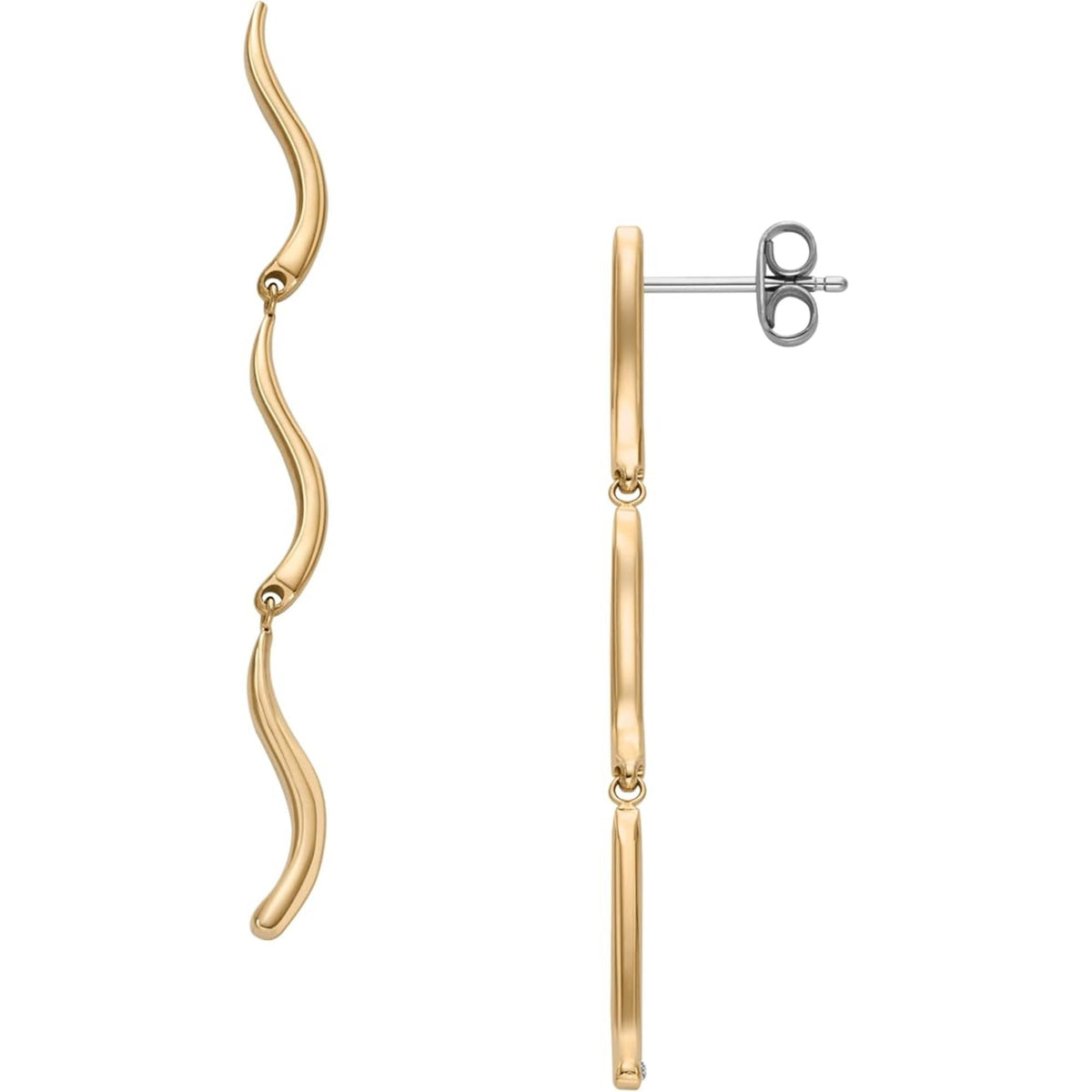 Skagen gold-tone wave drop earrings, long wavy curved bars with visible stud back