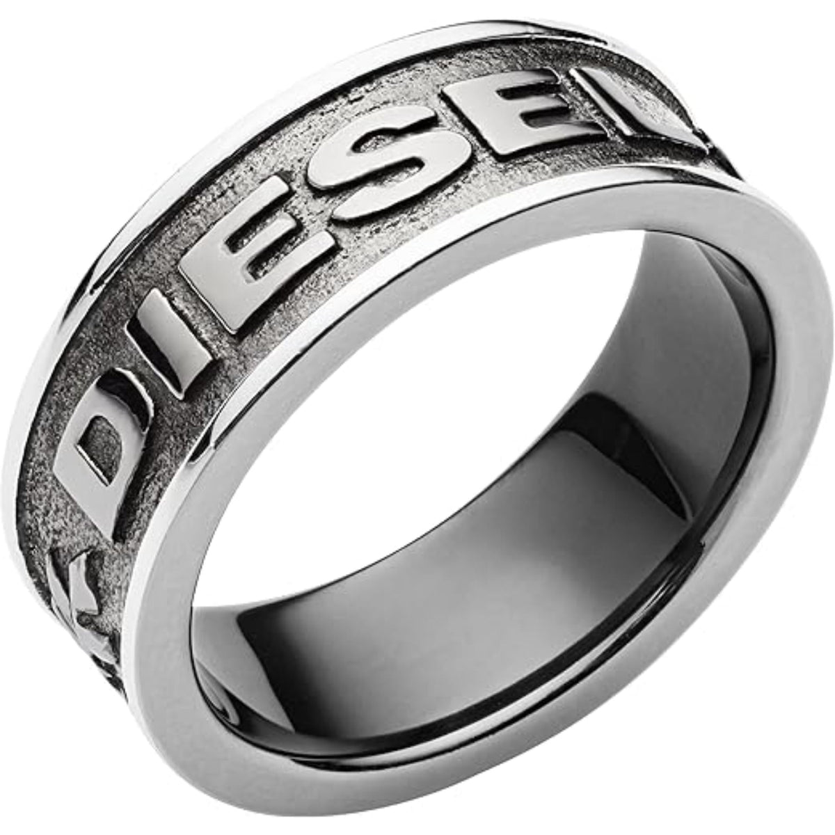 Gunmetal steel ring with engraved Diesel logo, polished inner band