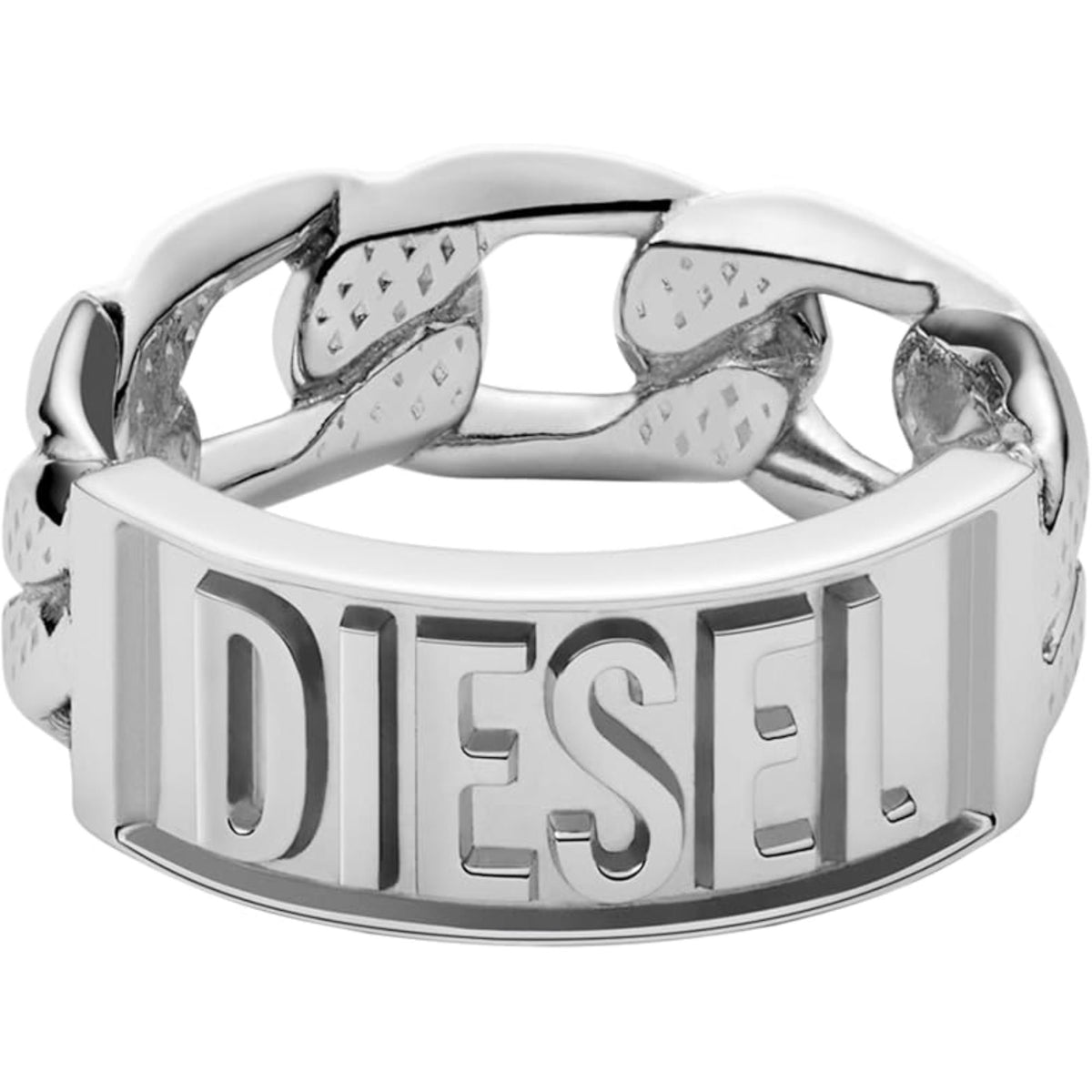 Stainless steel DIESEL logo ring with raised polished lettering and sculpted top