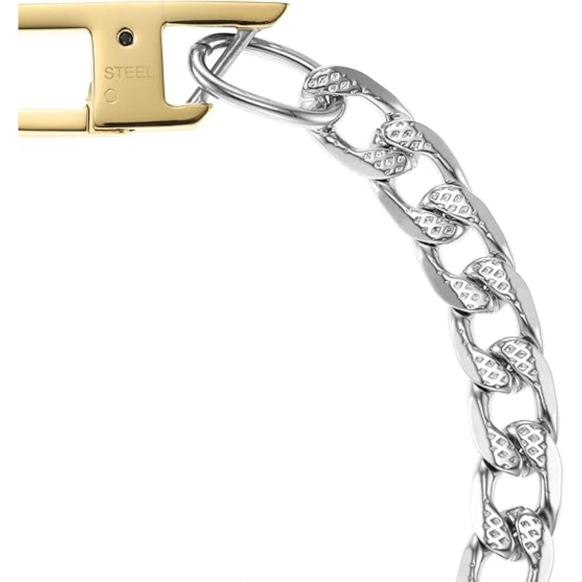 Close-up of chain links and clasp ring on stainless steel bracelet with gold bar