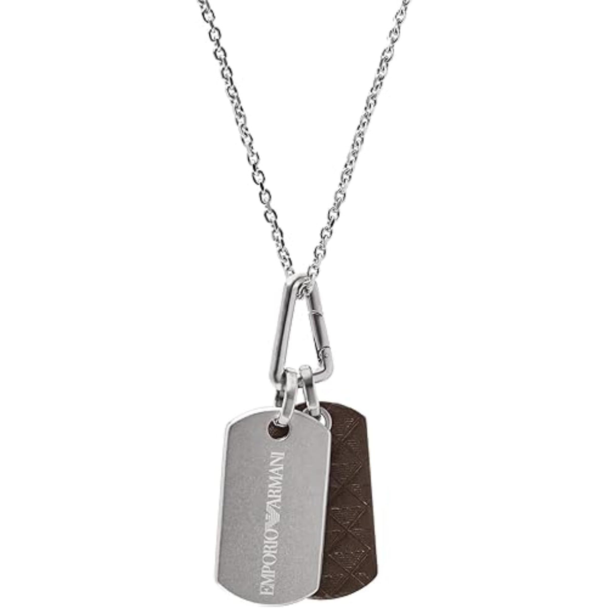 Stainless steel dog tag necklace featuring two linked pendants with logo text