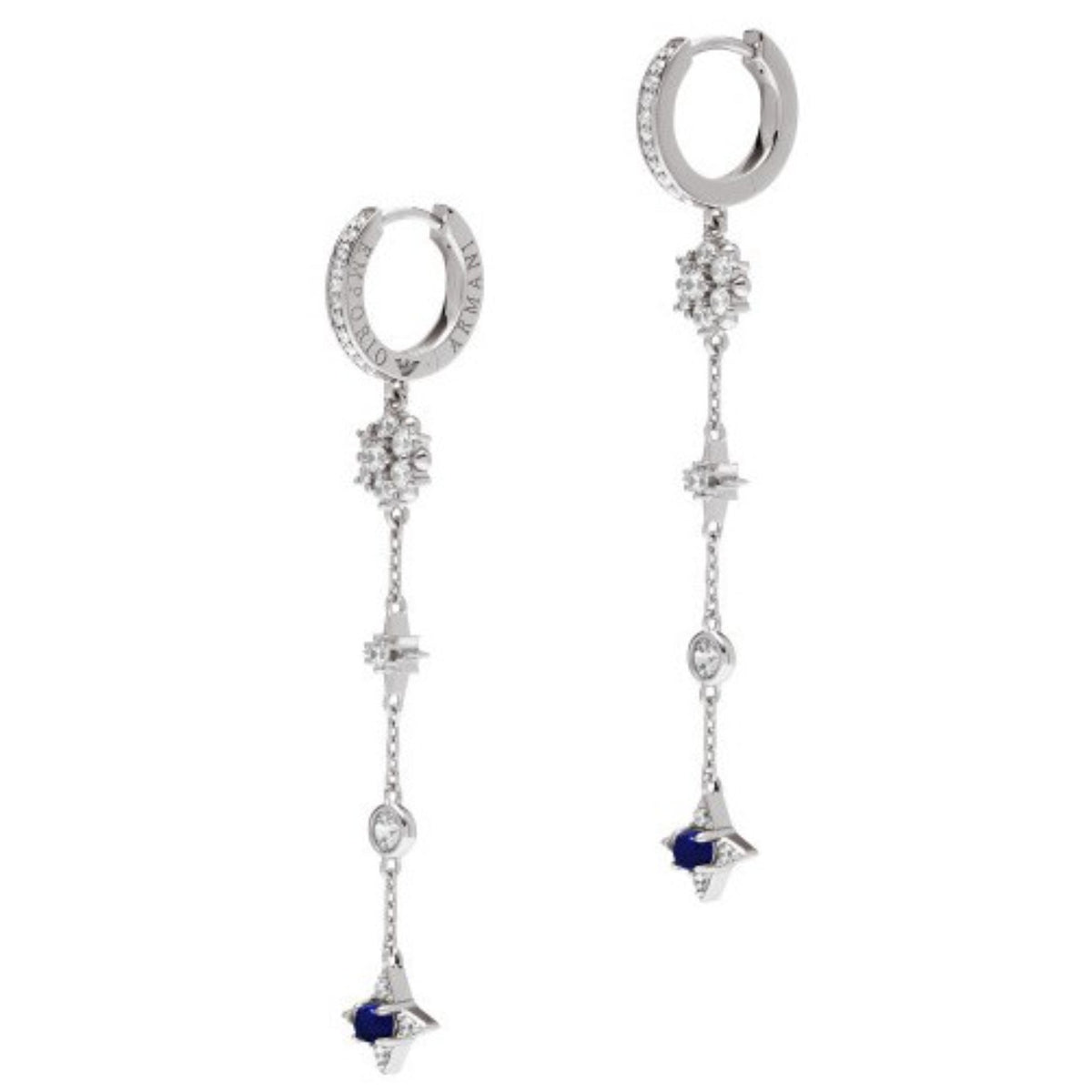 Sterling silver drop hoop earrings with long chain and blue star charm dangles