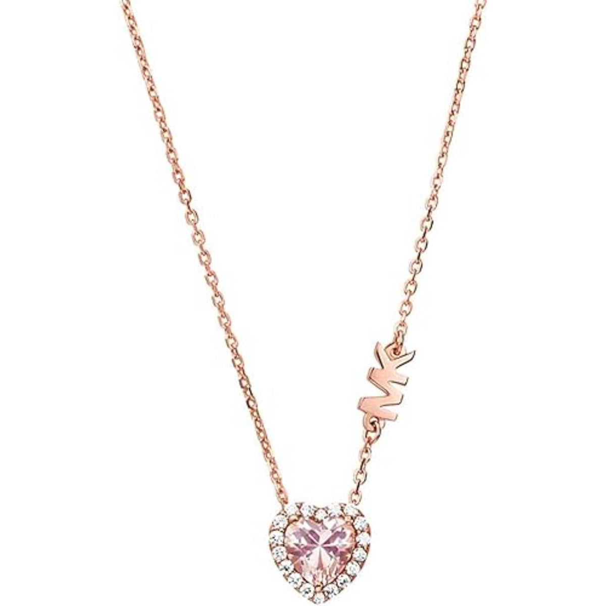Michael Kors rose gold heart pendant necklace with clear crystal halo and MK charm