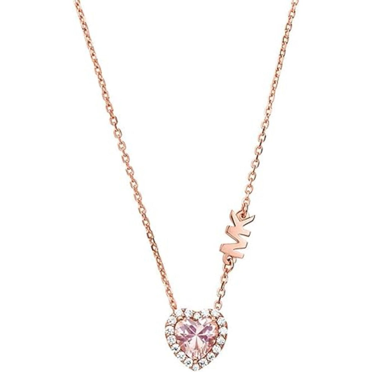 Rose gold heart pendant necklace with halo stones and monogram charm above