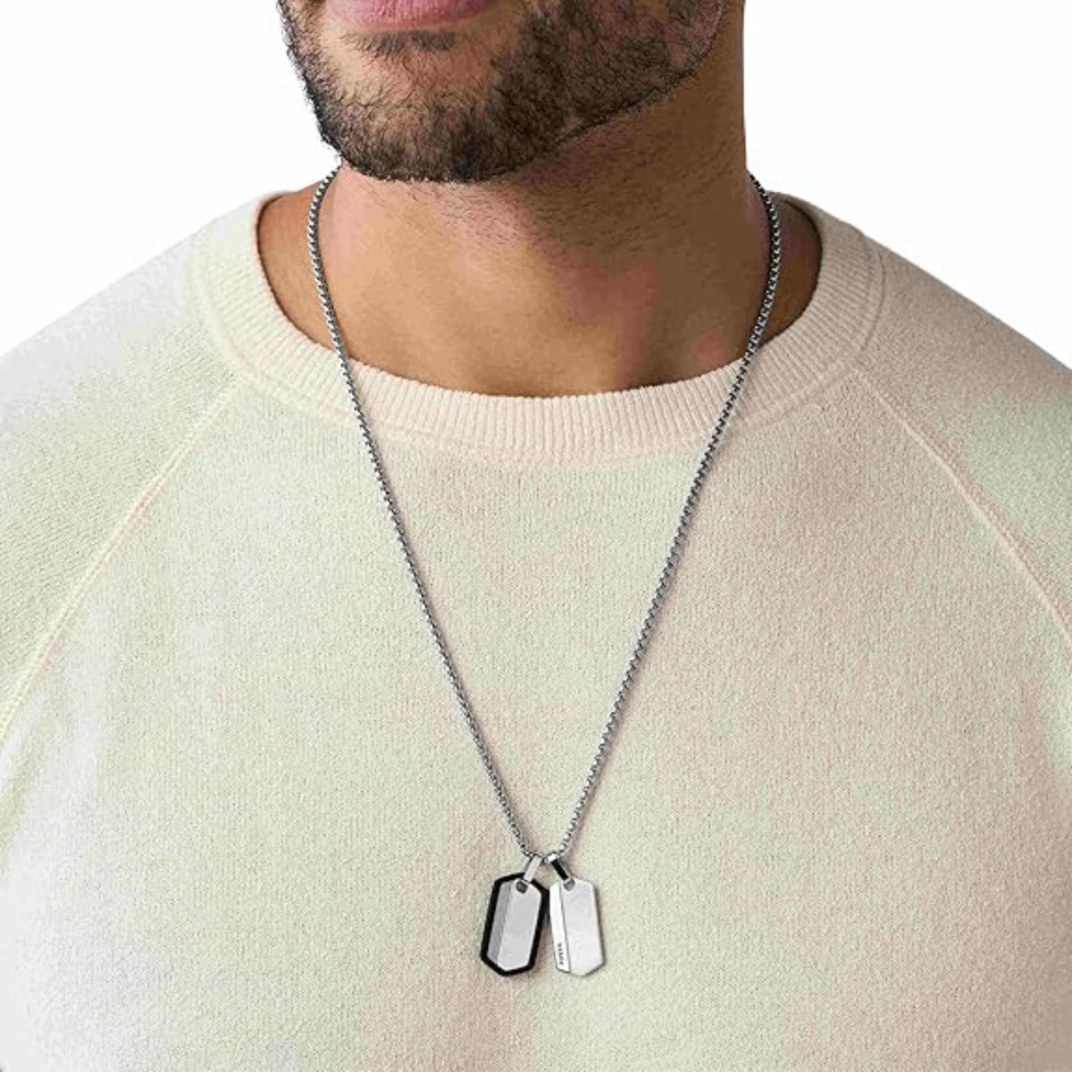 Men’s stainless steel dog tag necklace with two small hexagonal pendants on link chain