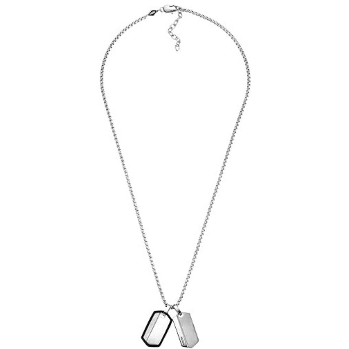 Stainless steel dog tag necklace with two hexagonal pendants hanging from a chain