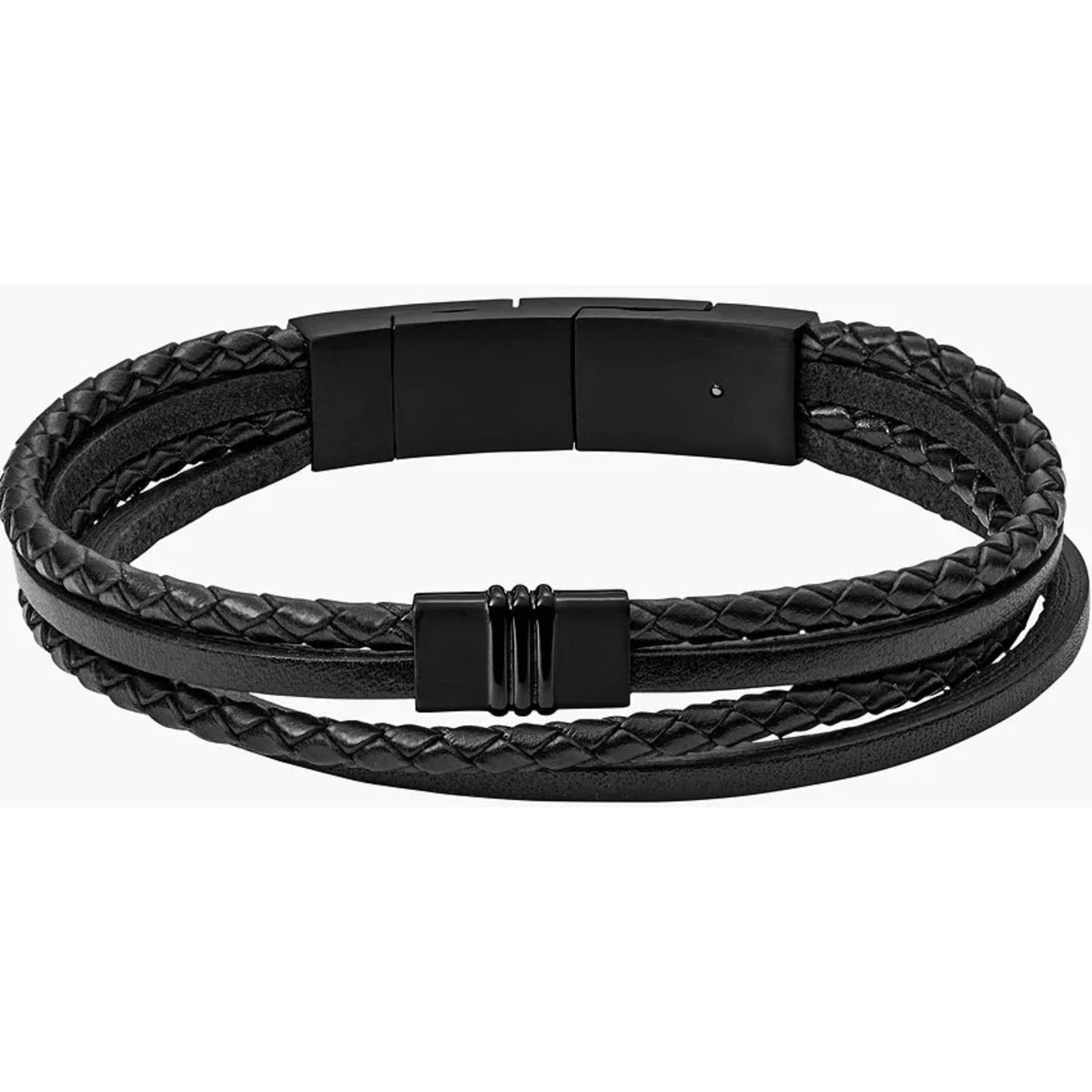 Black leather multi-strand bracelet with woven pattern and rectangular buckle closure