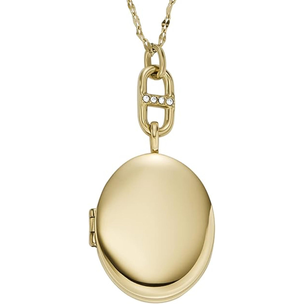 Gold-tone oval locket pendant with crystal-accented top clasp and short chain
