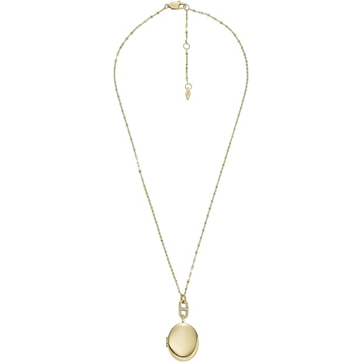Gold-tone chain necklace with oval locket pendant and dangling small charm