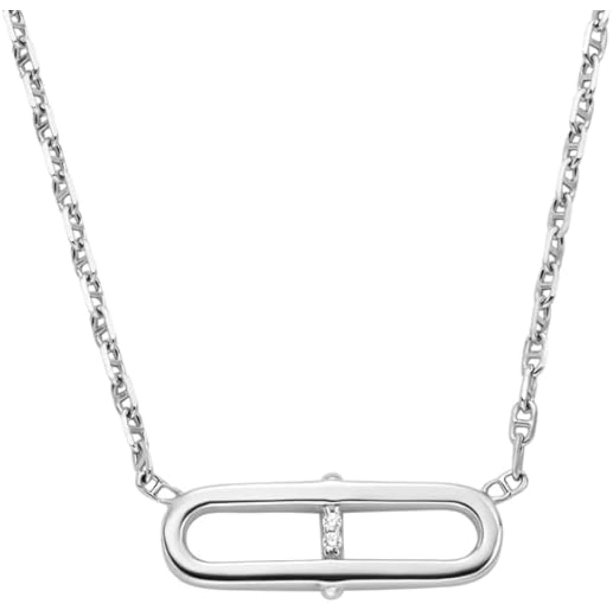 Sterling silver oval-bar pendant necklace with central crystal accent on chain
