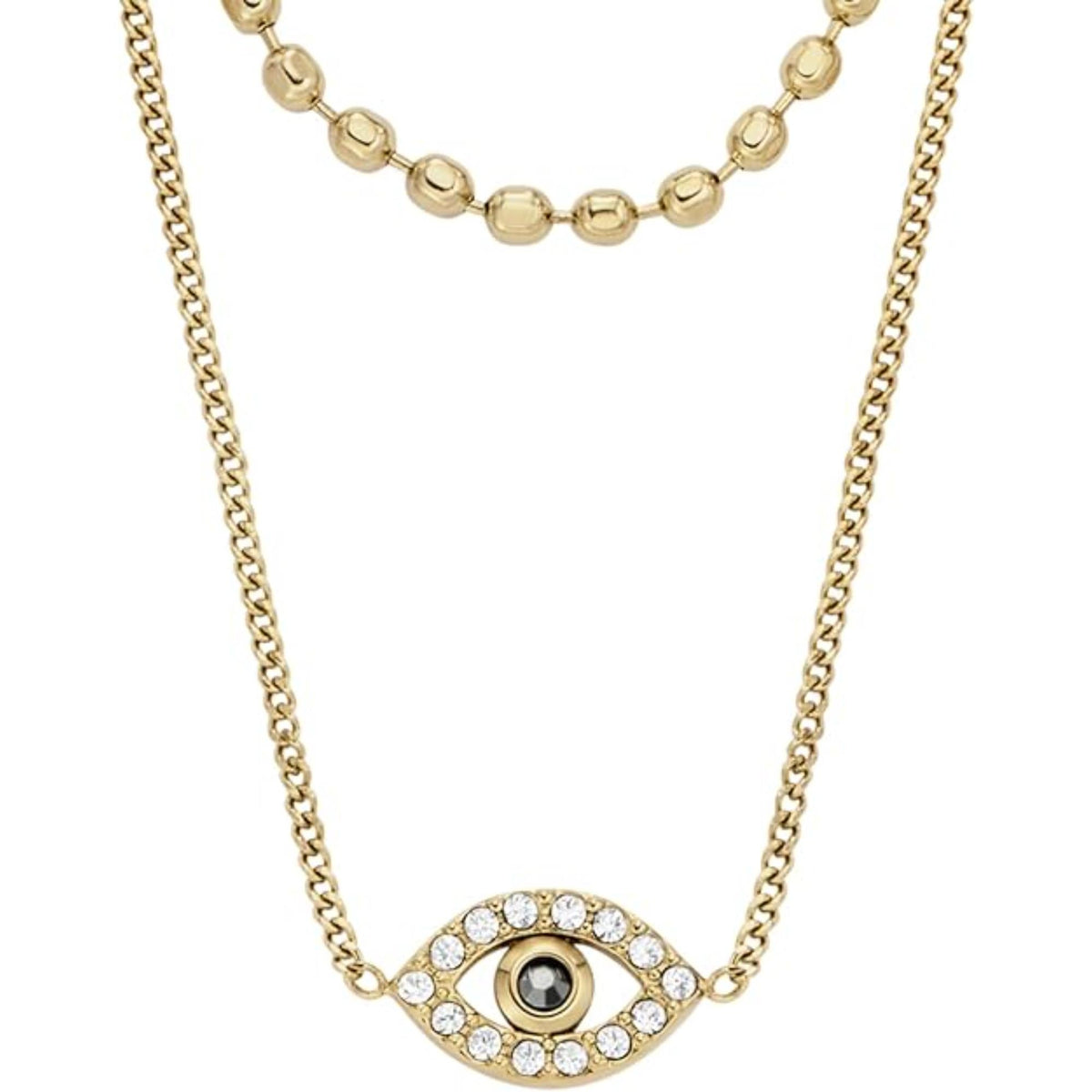 Women's gold-tone stainless steel necklace with evil-eye pendant, crystal bezel and black center